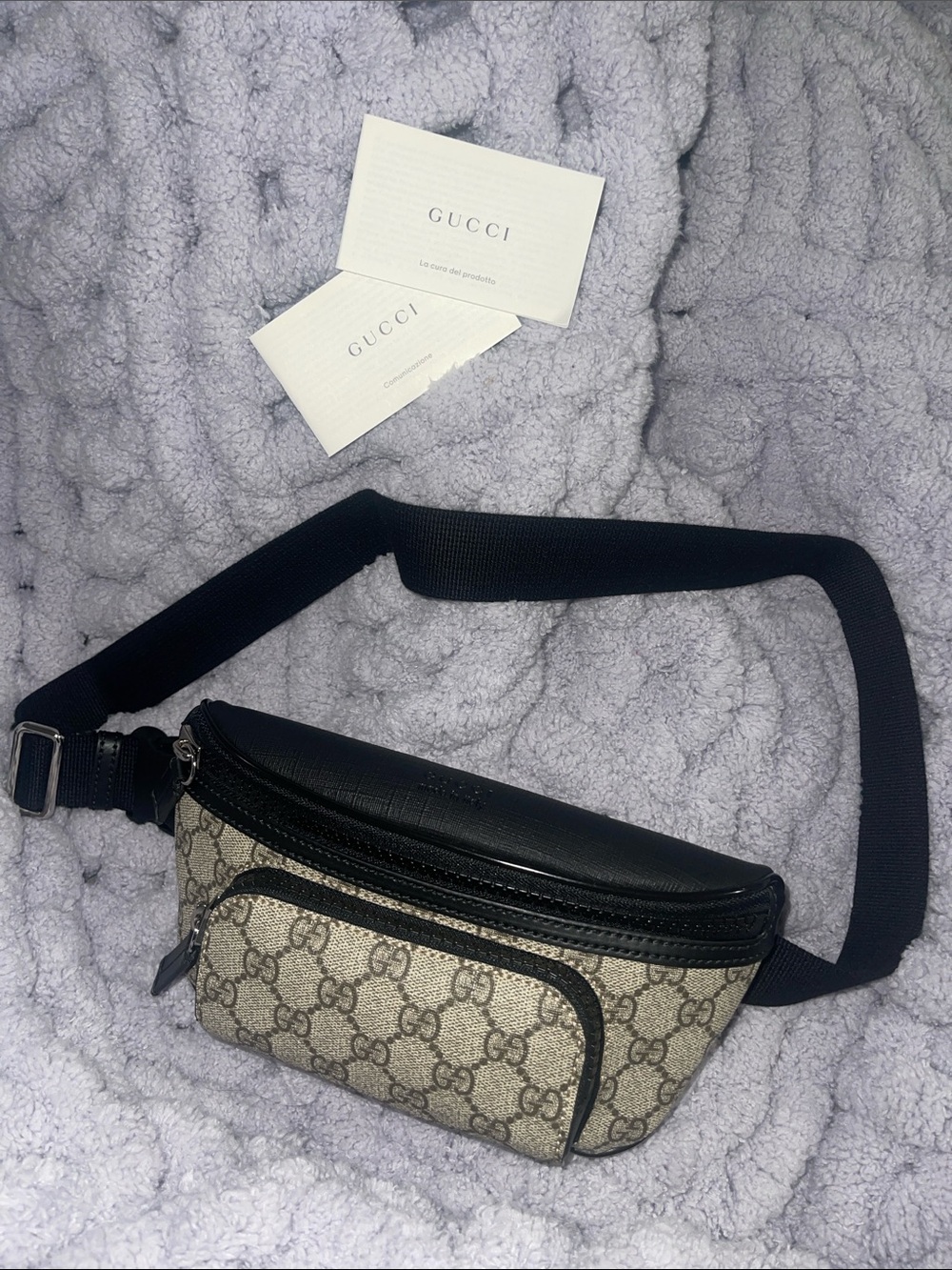Gucci Beige GG Canvas Waist Bag with Black Leather Trim